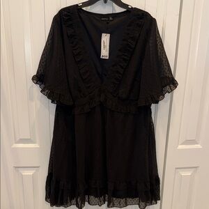 Boohoo Black Ruffle V-Neck Mini Dress with Flutter Sleeves